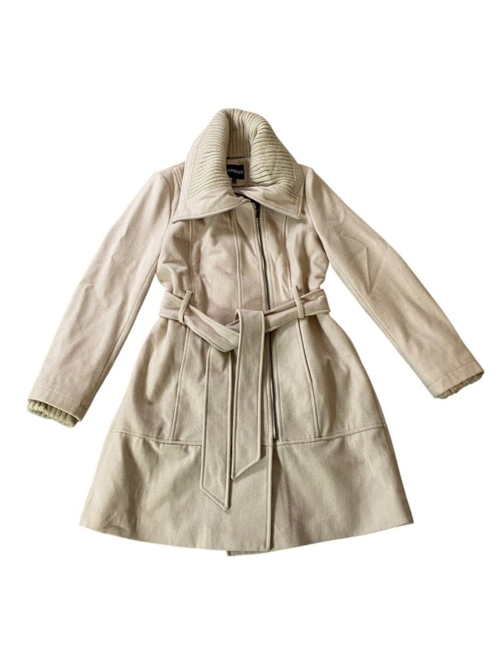 Express Beige Wool Blend Belted Coat Large